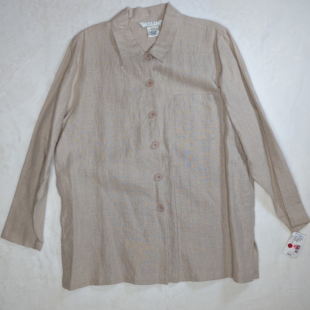 John Paul Richard Women's Top Large Petite Beige Button‎ Up Tunic 100% Linen NWT